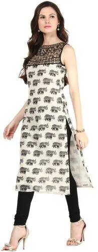 Image Printed Ladies Sleeveless Cotton Kurti Casual Wear