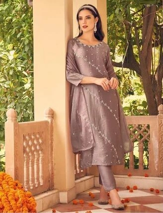 Image Straight Kurta Pure Silk Boat Neck Georgette Ladies Designer Suit