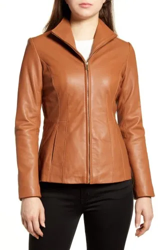 Ladies Full Sleeve Light Brown Leather Jacket