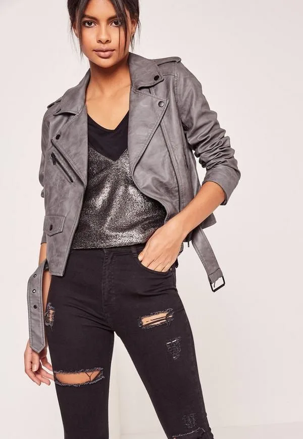 Ladies Grey Leather Jacket