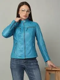 Ladies Slim Fit Blue Leather Jacket
