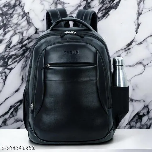 Plain Black Leather School Backpack Bag