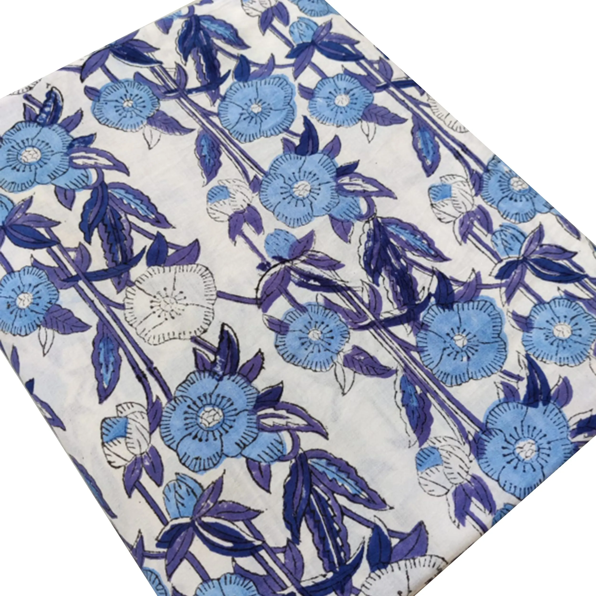 Floral Sky Blue Hand Block Printed Cotton Fabric Floral Sky Blue Hand Block Printed Cotton Fabric