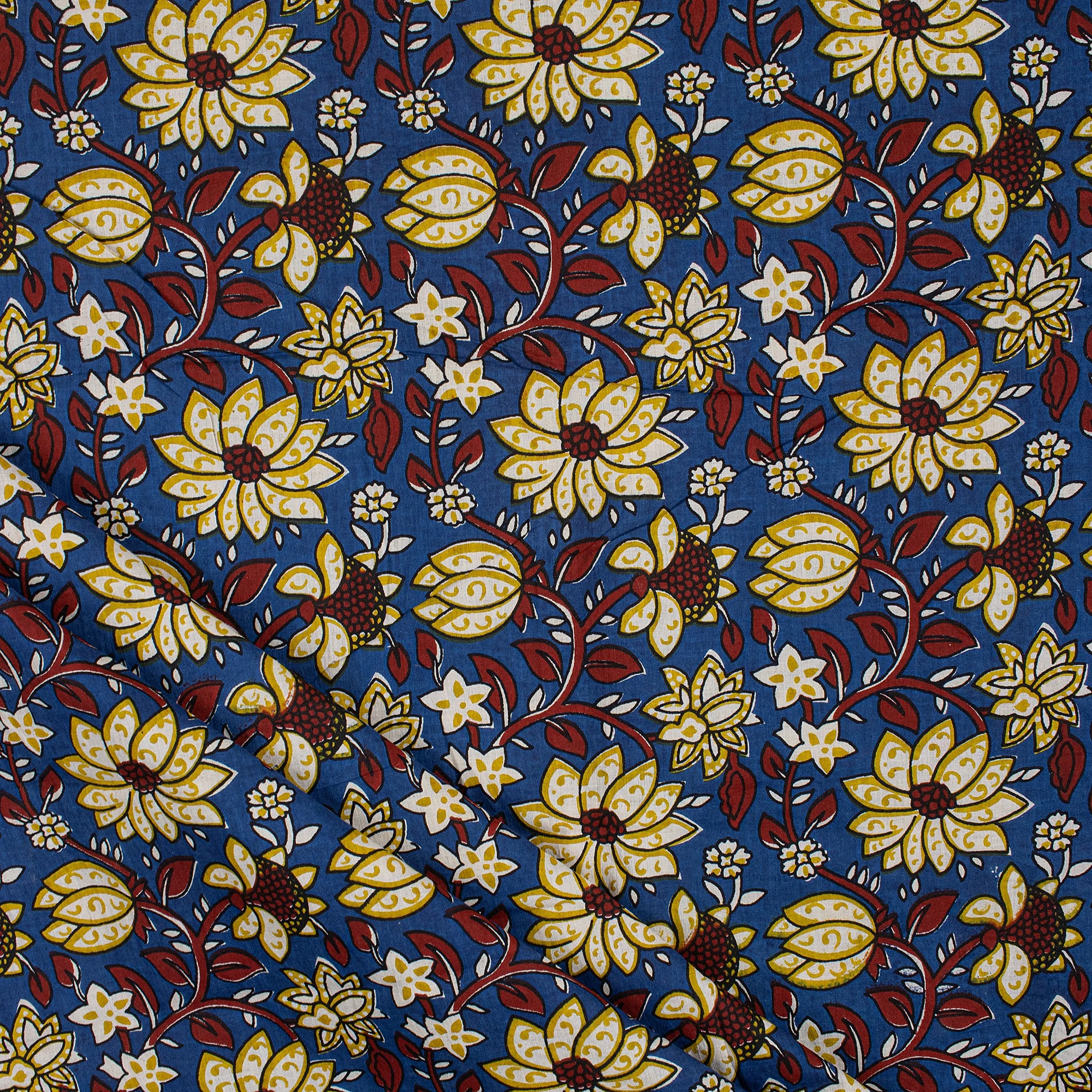 Hand Block Blue Flower Print Cotton Fabric