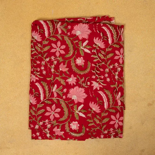 Red Floral Hand Block Print Cotton Fabric