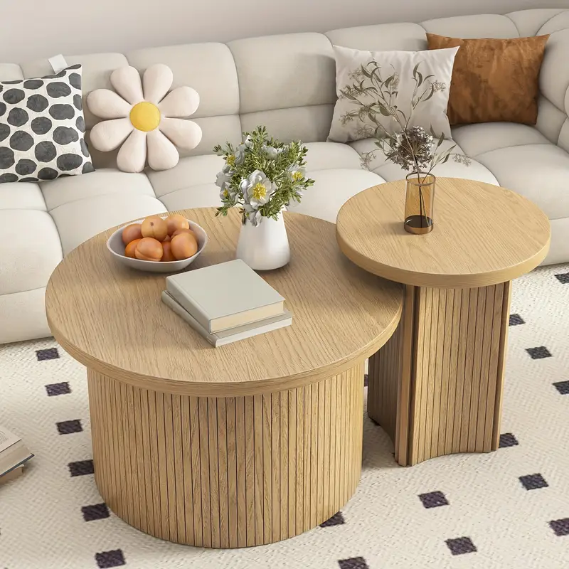 Image Round Wooden Coffee Table Set Of 2
