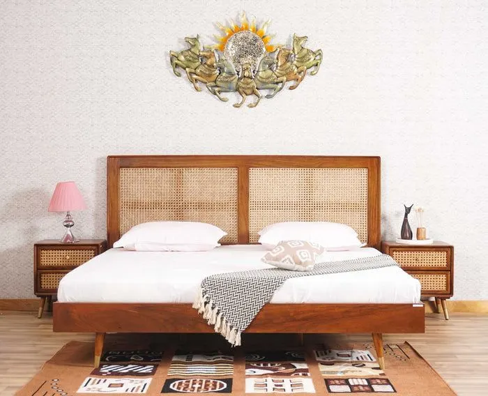 Image Solid Wood Rattan Cane King Size Bed - Brown Finish