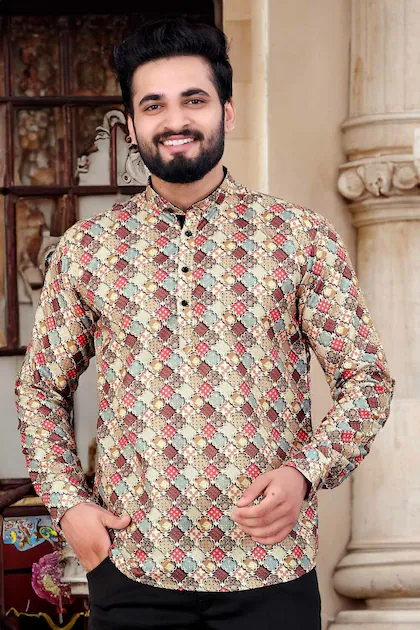 Image Mens Cotton Blend Full Sleeves Kurta Shirt